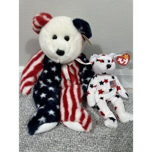 Ty Beanie Buddie Spangle Bear And Beanie Baby Glory Bear Lot USA Patriotic Plush